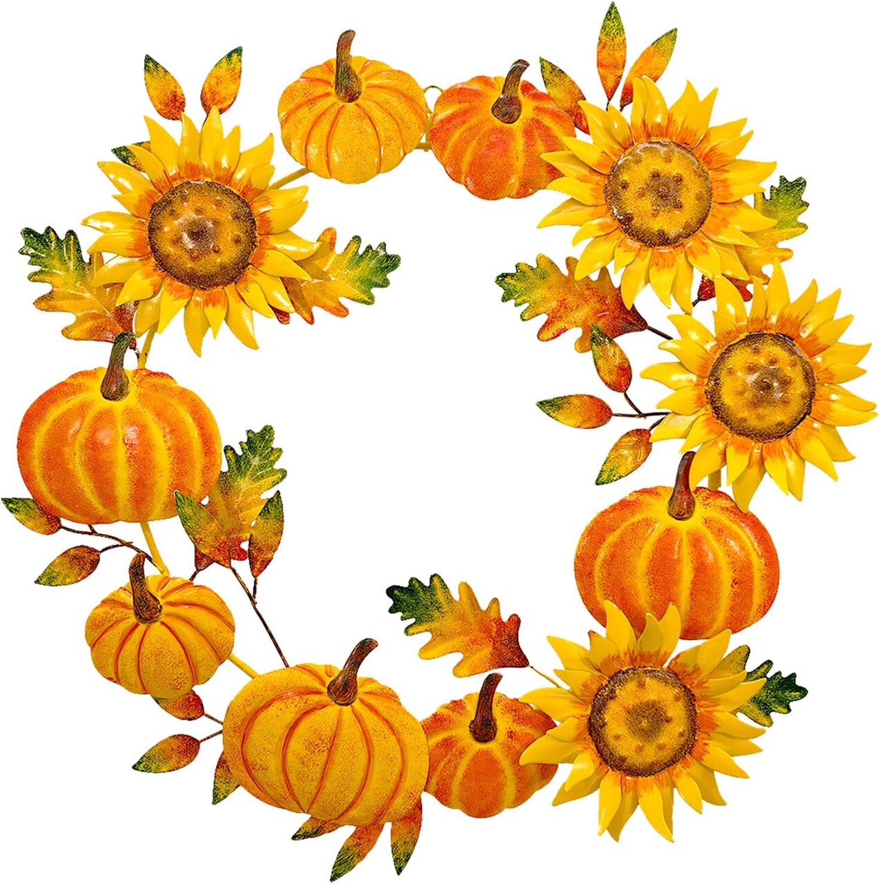 16’’Metal Fall Wreath Wall Decor, Sunflower and Pumpkin Handcrafted Autumn Harvest Door Decoration